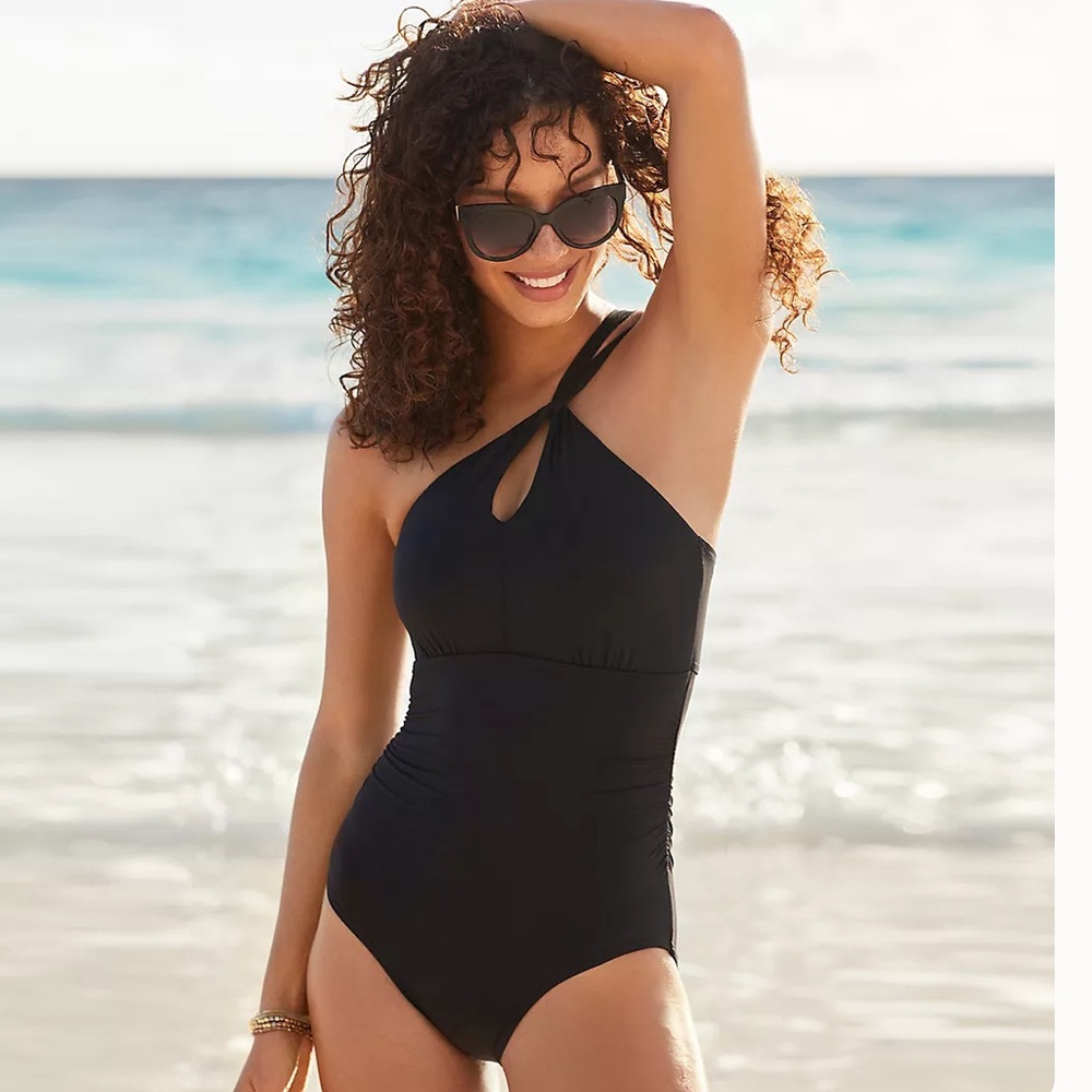 Lands' End High Neck Black Swimsuit; style multiple ways, small, never worn